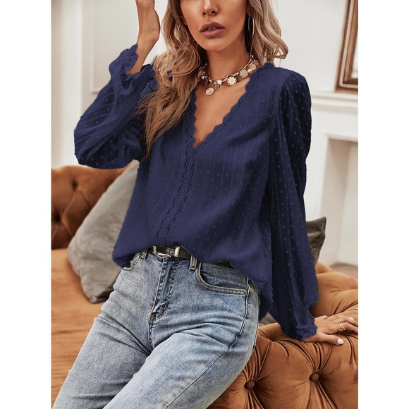 ❗️ boho v neck Swiss Dot Lace Panel long sleeve Blouse sheer sleeves white - Picture 8 of 8